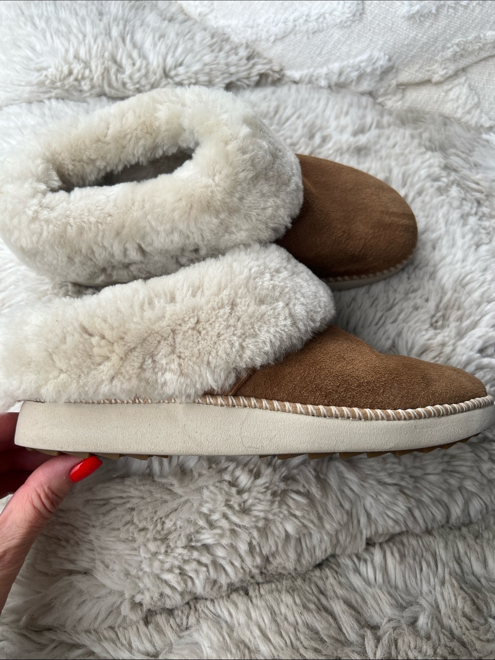 OluKai Women's Chestnut and Cream Shearling Slippers - Picture 5 of 13